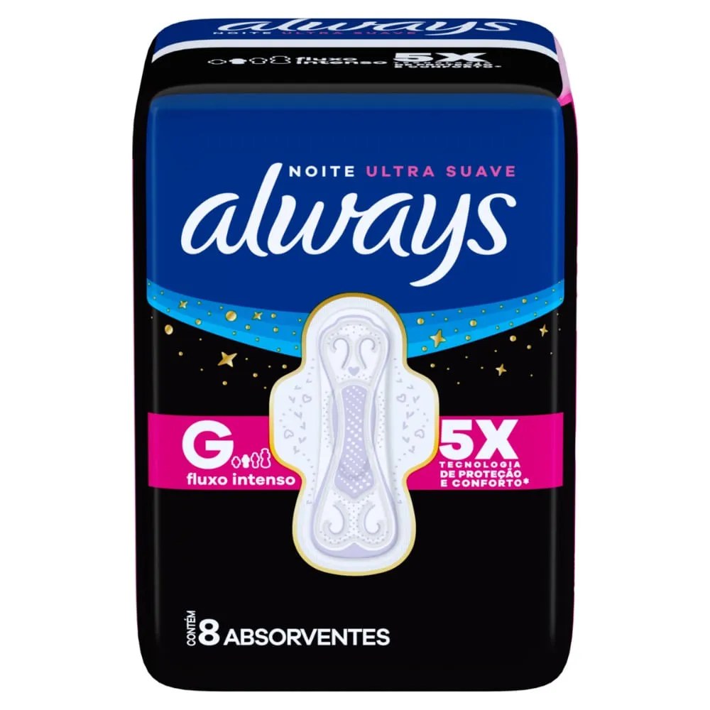 Absorvente Always Noite Longo Suave Com Abas Com 8 Unidades — foto do produto em fundo branco