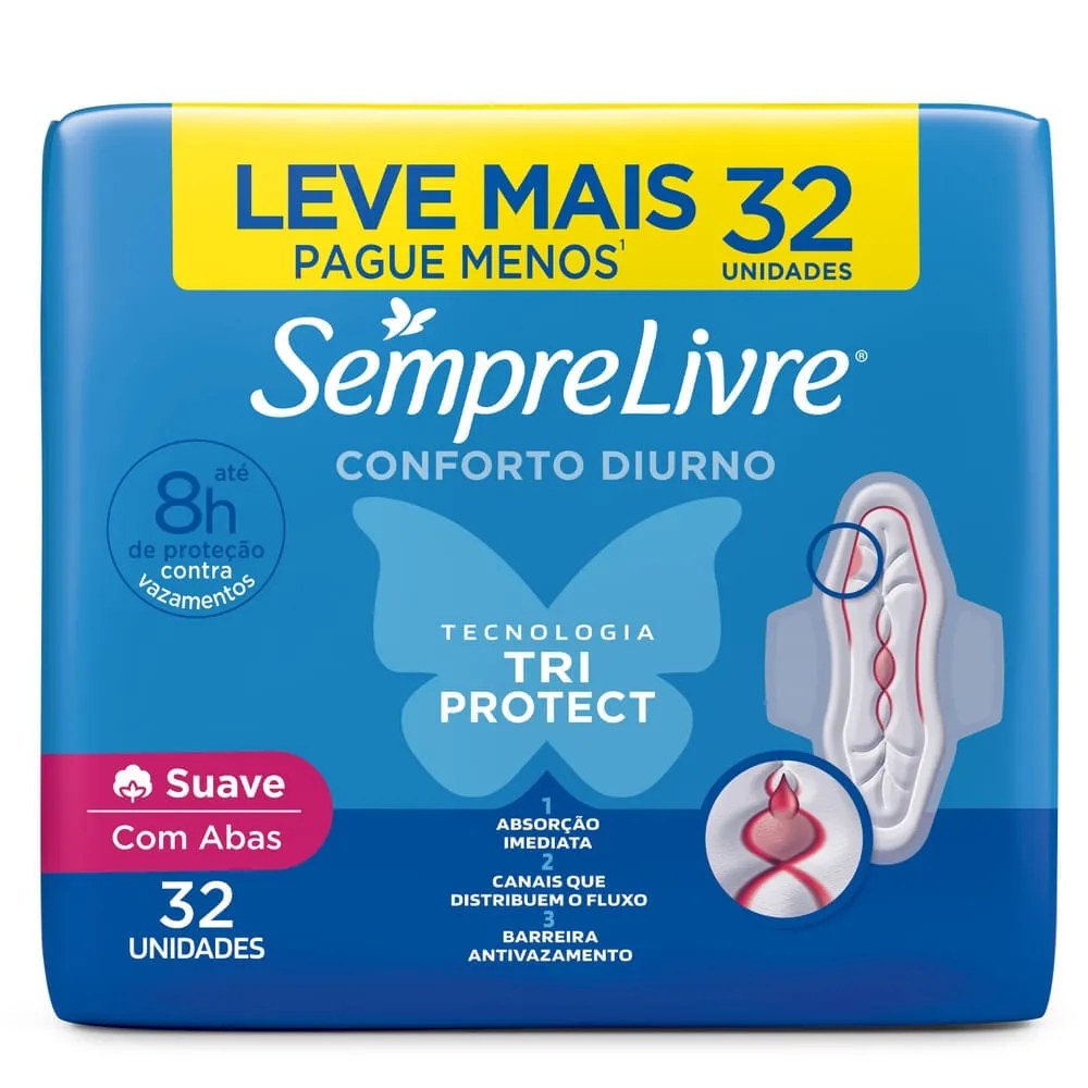 Absorvente Sempre Livre Conforto Diurno Cobertura Suave Com Abas 32 Unidades — foto do produto em fundo branco