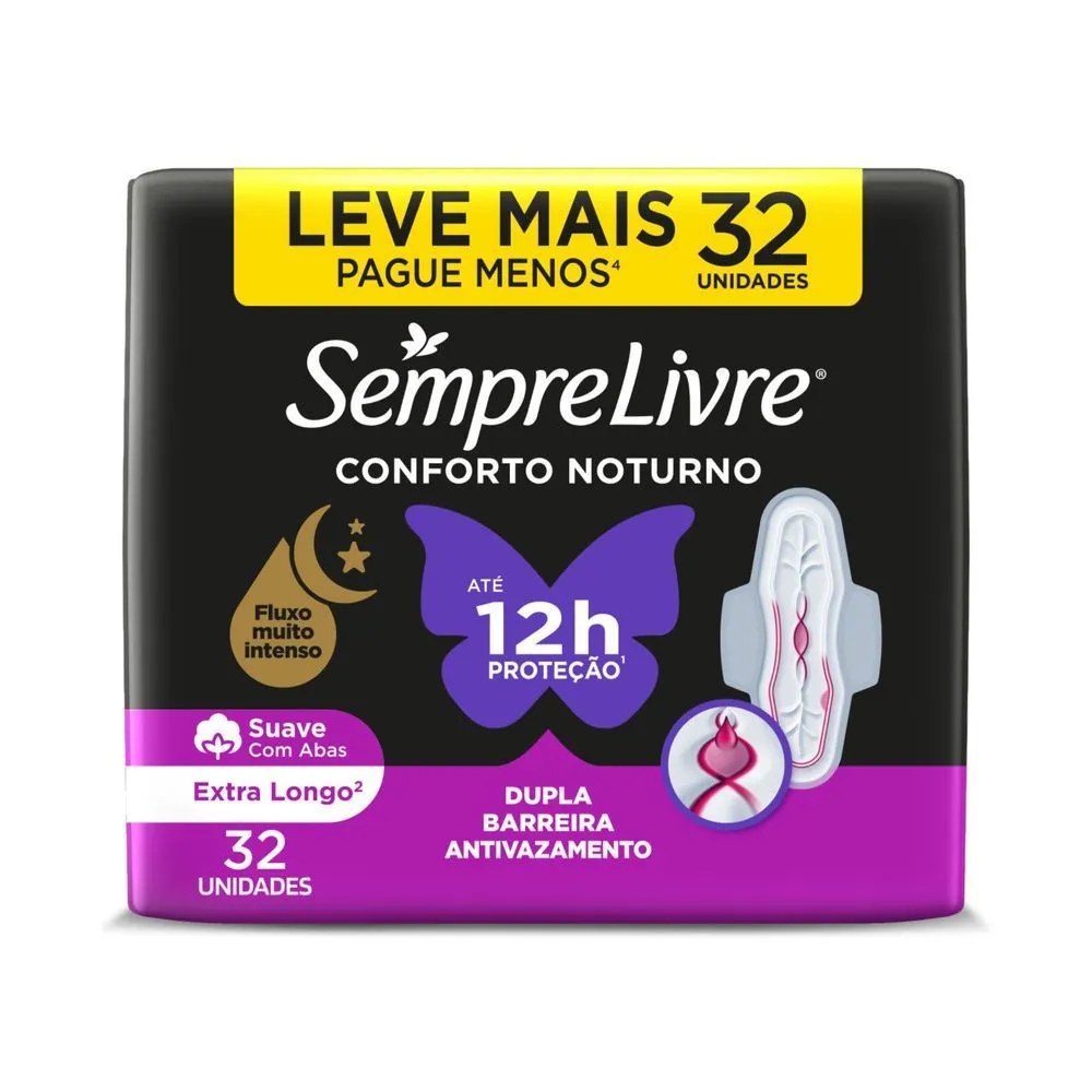 Absorvente Sempre Livre Conforto Noturno Suave Com Abas 32 Unidades — foto do produto em fundo branco