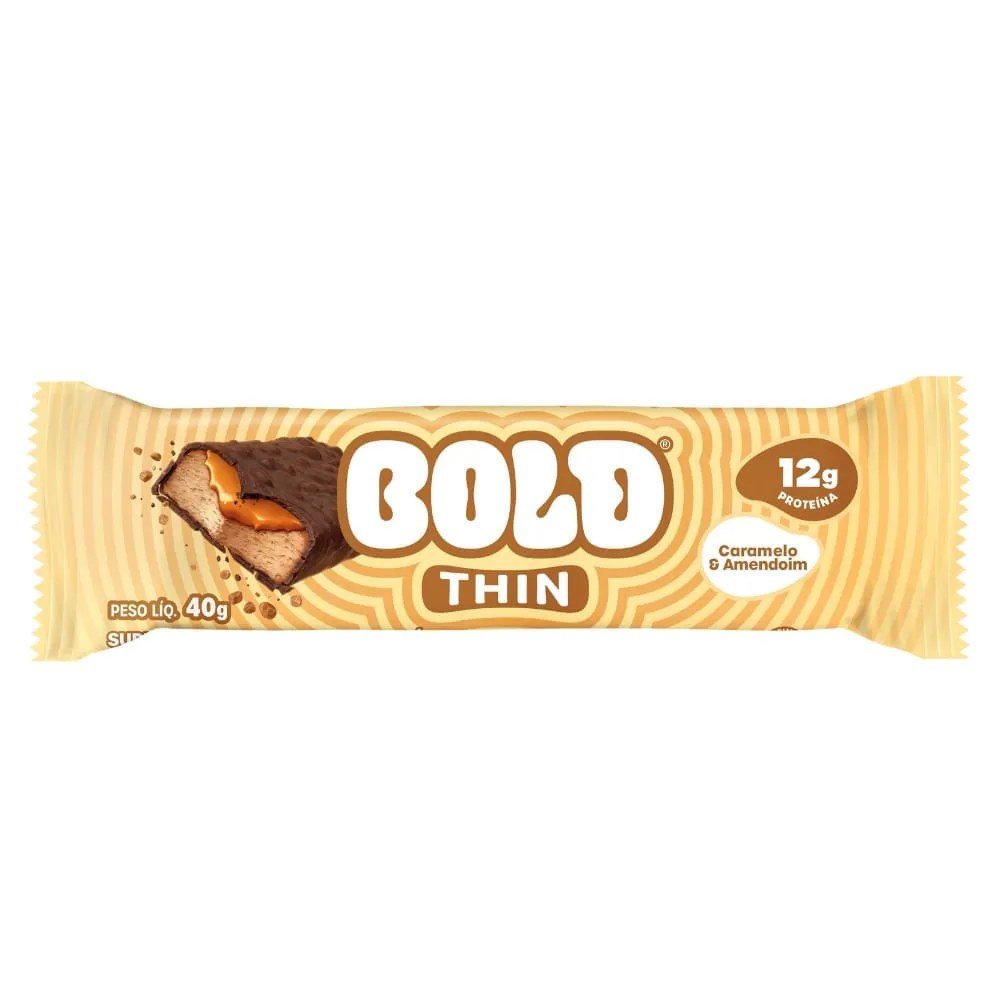 Barra De Proteína Bold Thin Caramelo E Amendoim 40g — foto do produto em fundo branco
