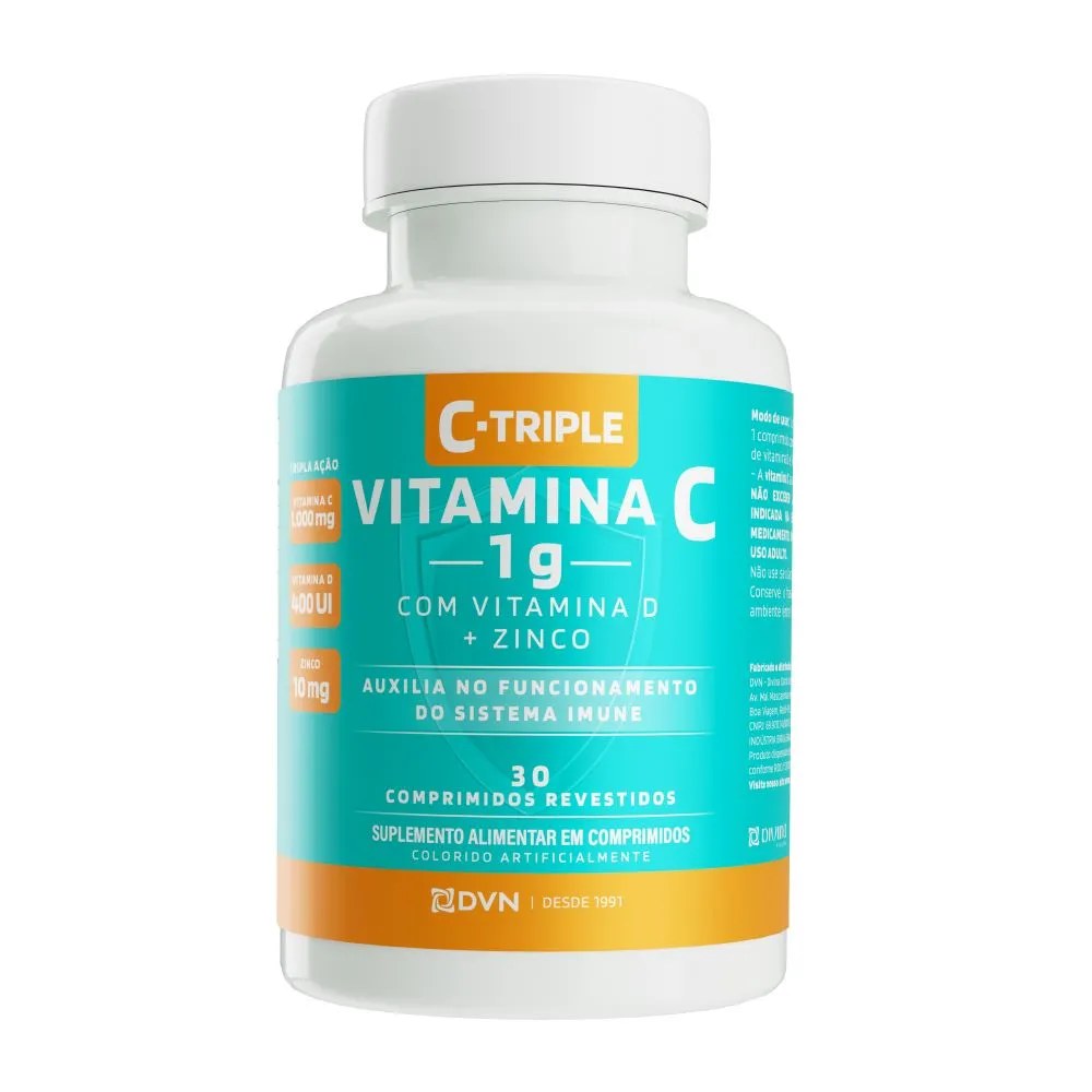 C-triple Vitamina C 1g + Vitamina D + Zinco Com 30 Comprimidos — foto do produto em fundo branco