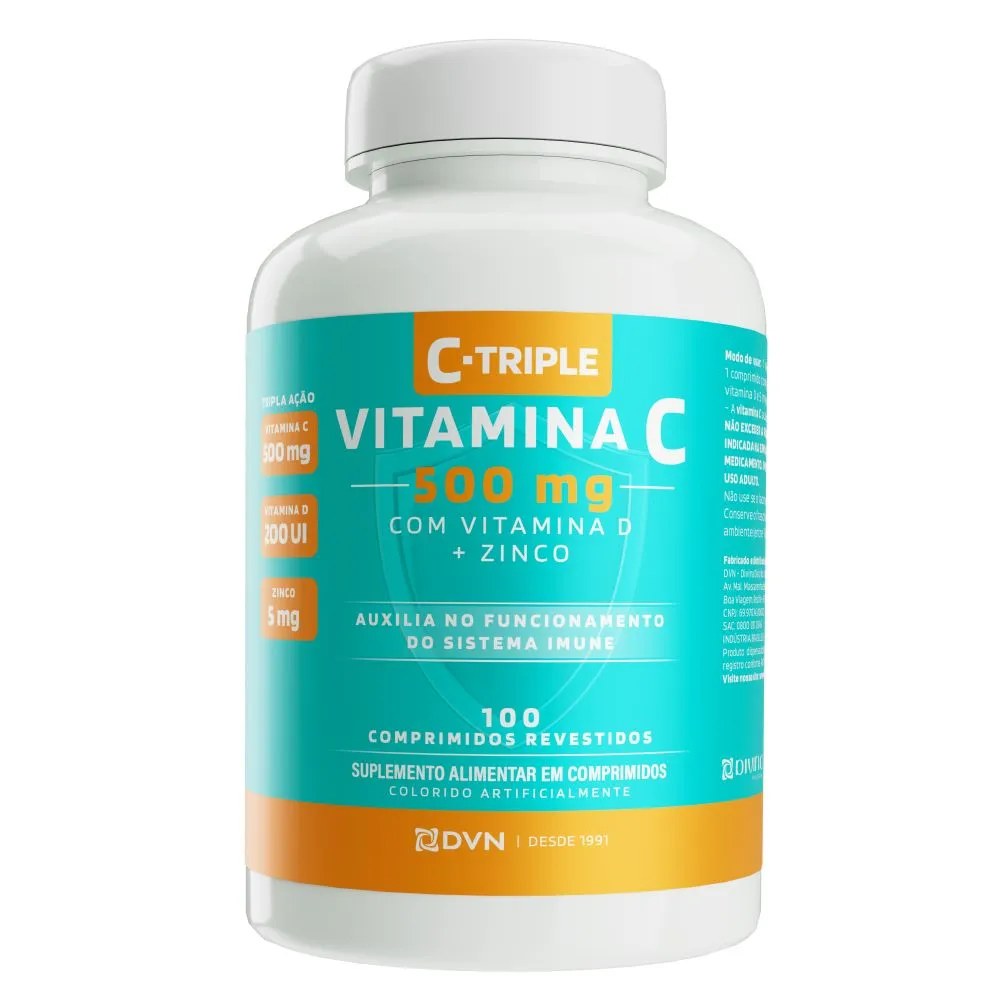 C-triple Vitamina C 500mg + Vitamina D + Zinco Com 100 Comprimidos — foto do produto em fundo branco