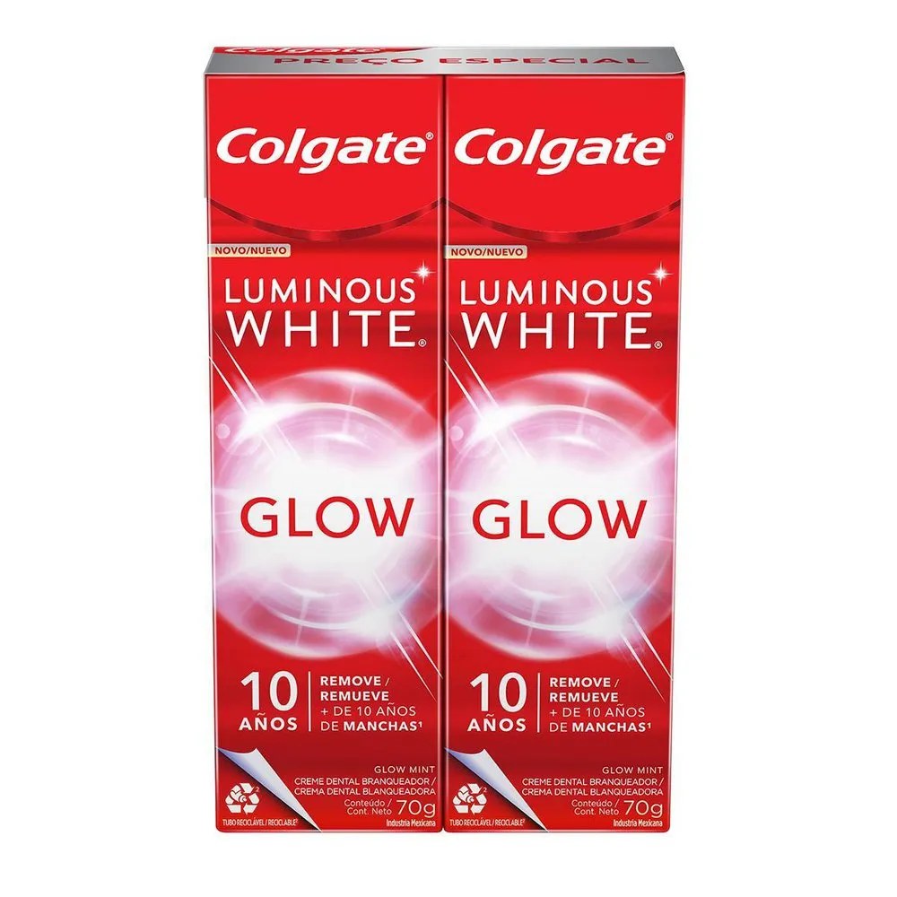 Creme Dental Colgate Luminous White Com 2x70gr Glow Especial — foto do produto em fundo branco