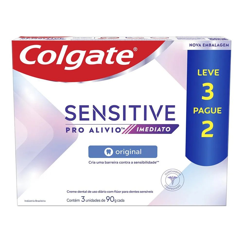 Creme Dental Colgate Sensitive Pro Alivio Imediato Original 90g 3 Unidades — foto do produto em fundo branco