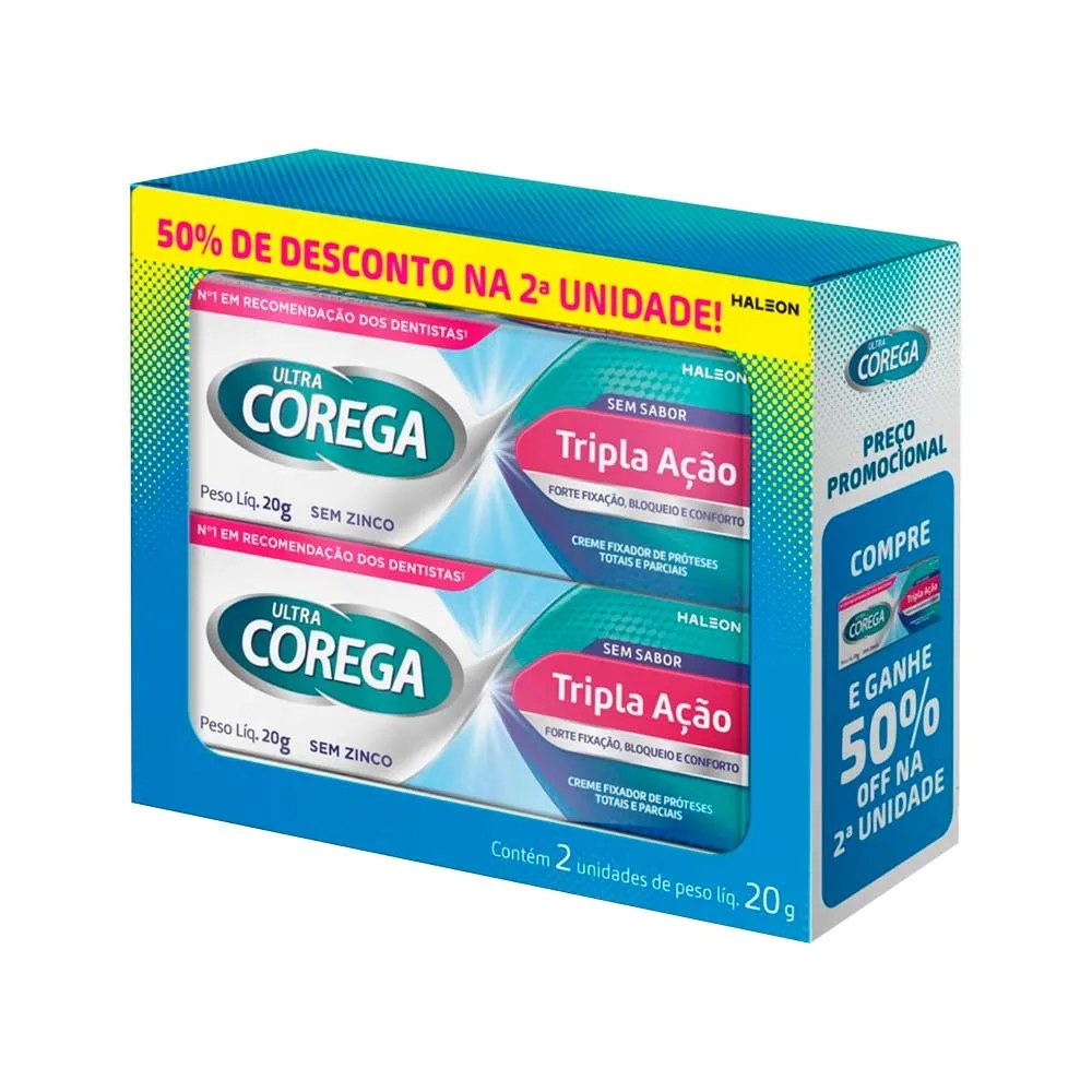 Creme Fixador De Proteses Dentarias Corega Tripla Acao Sem Sabor Com 2 Unidades De 20gr Cada Promocional — foto do produto em fundo branco