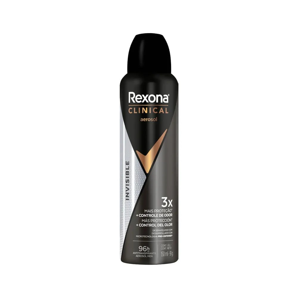 Desodorante Rexona Clinical Men Aerosol Invisible 150ml — foto do produto em fundo branco