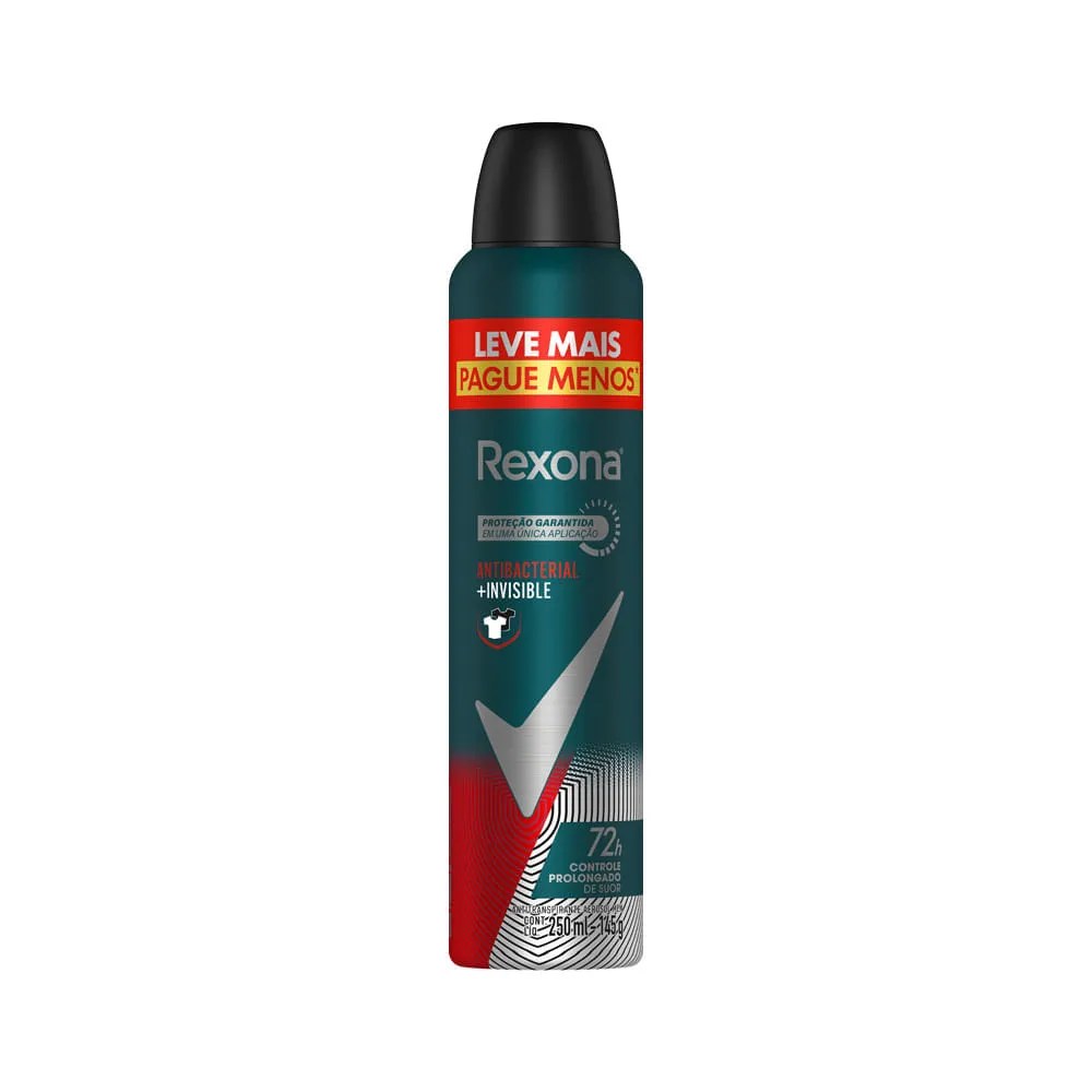Desodorante Rexona Masculino 250ml Leve+pague- Aerosol Antibacterial Invisible — foto do produto em fundo branco