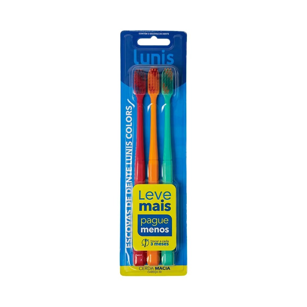 Escova De Dente Lunis Colors Macia 3 Unidades — foto do produto em fundo branco