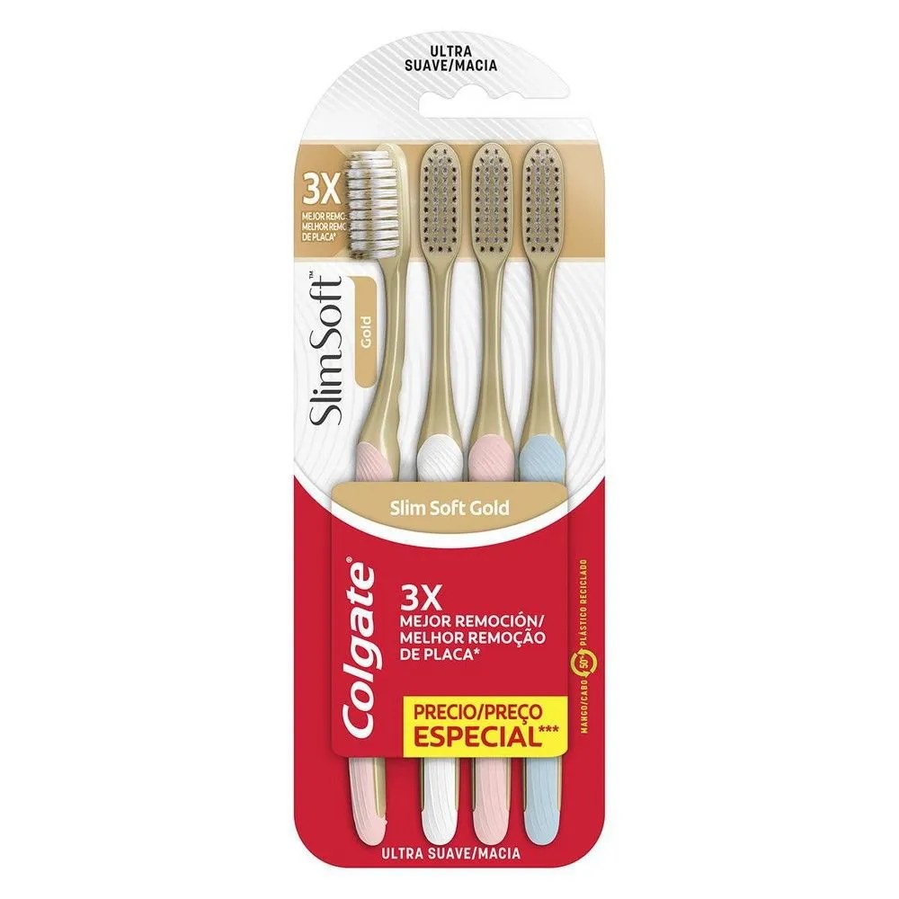 Escova Dental Colgate Slim Soft Gold Macia 4 Unidades — foto do produto em fundo branco