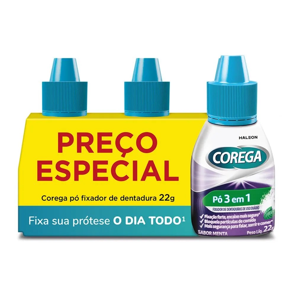 Fixador Dentadura Corega Com 3x22gr Po Promocional — foto do produto em fundo branco