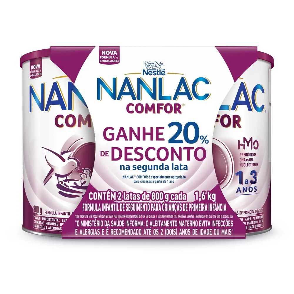 Fórmula Infantil Nanlac Comfor 1-3 Anos Com 2 Latas De 800g Cada — foto do produto em fundo branco