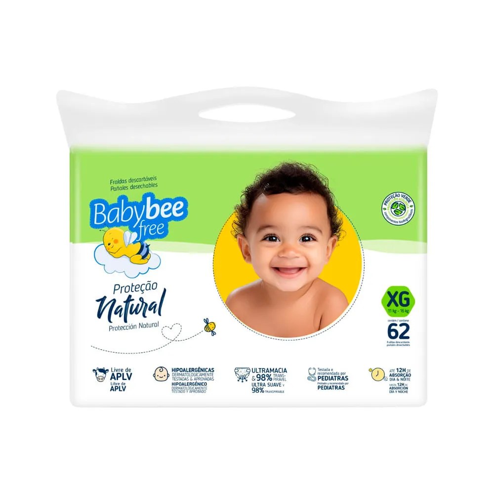 Fralda Baby Bee Free Tamanho Xg Protecao Natural Com 62 Unidades — foto do produto em fundo branco