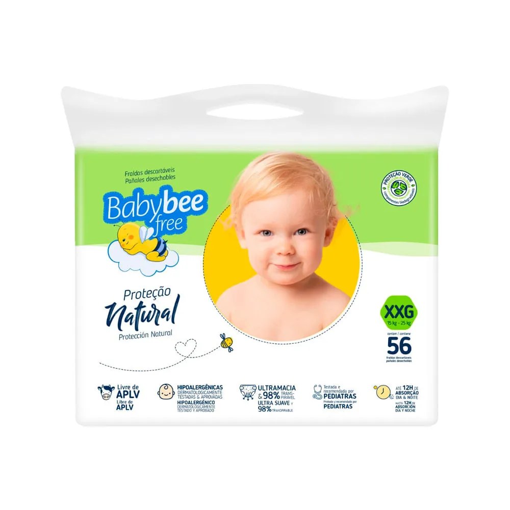 Fralda Baby Bee Free Tamanho Xxg Protecao Natural 56 Unidades — foto do produto em fundo branco