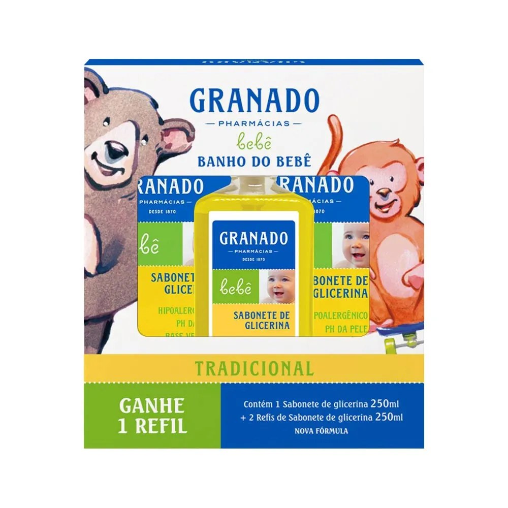 Kit Banho Do Bebe Sabonete Liquido + Refil + Refil Gratis Granado Bebe Tradicional 250ml Cada — foto do produto em fundo branco