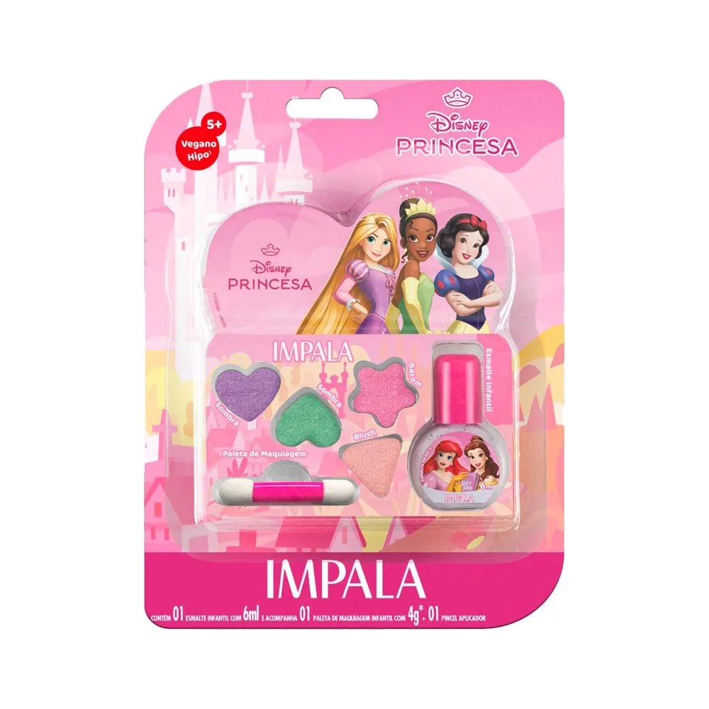 Kit Esmalte Infantil 6ml + Paleta De Maquiagem Infantil 4g + Pincel Aplicador Impala Disney Princesas