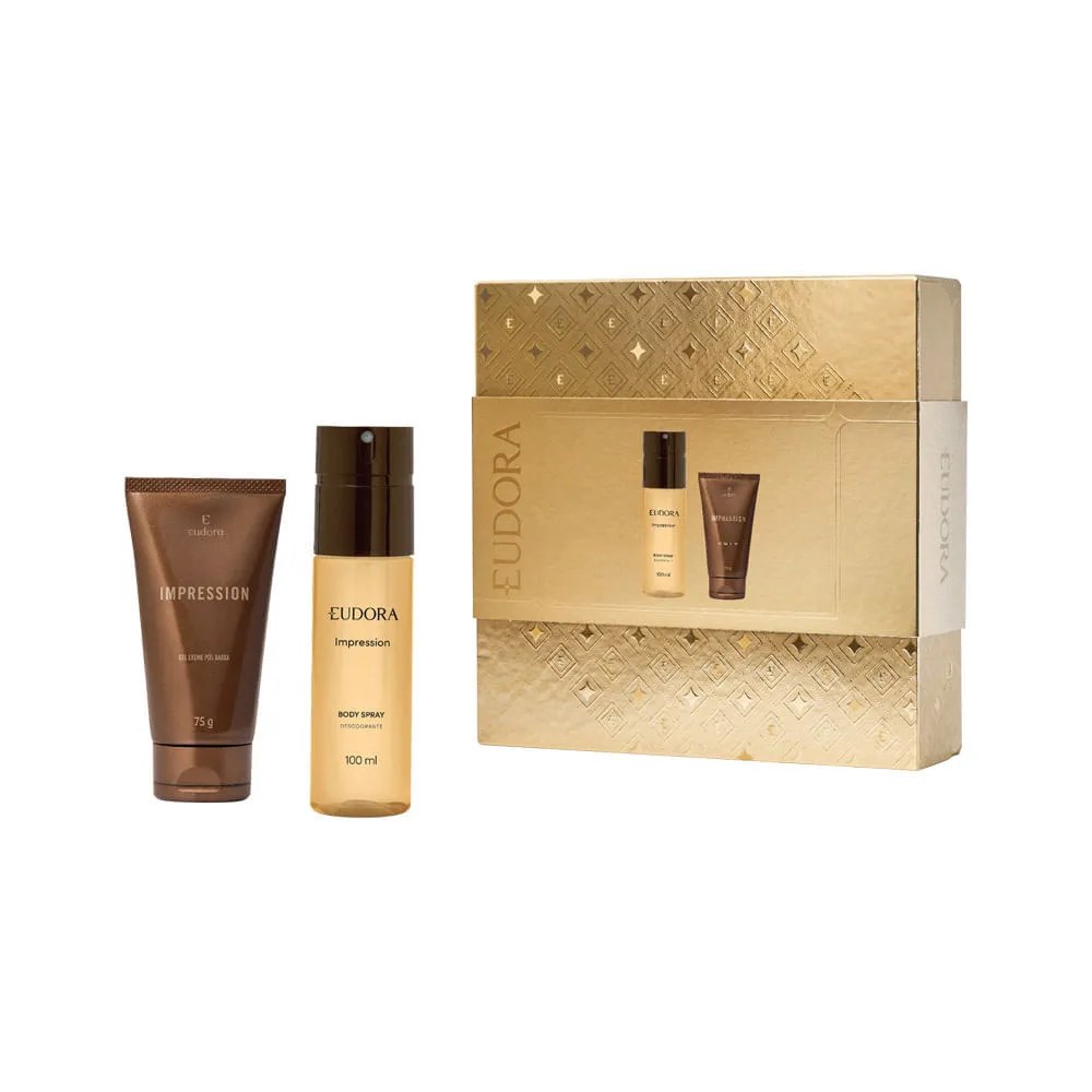Kit Eudora Desodorante Body Spray Impression 100ml + Gel Creme Pos Barba 75g — foto do produto em fundo branco