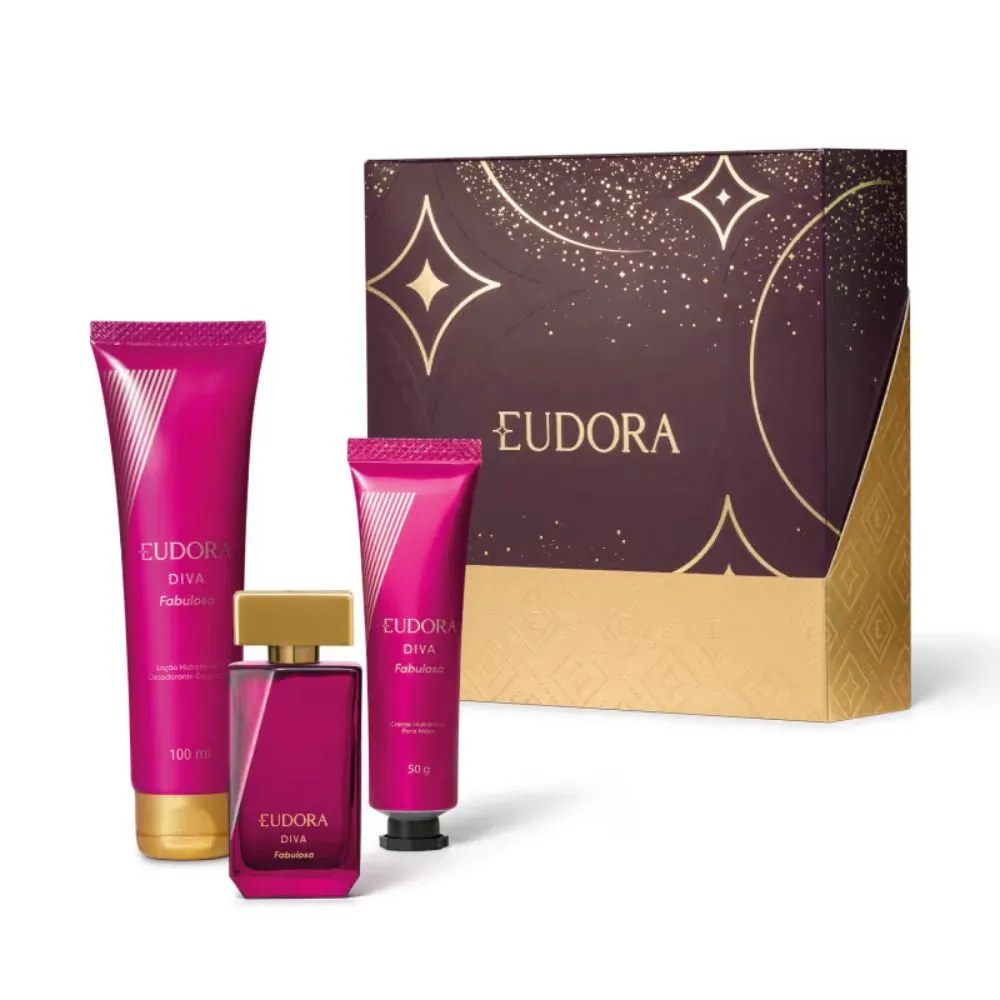 Kit Eudora Diva Fabulosa Colonia 30ml + Locao Hidratante 100ml + Creme Para Maos 50gr — foto do produto em fundo branco