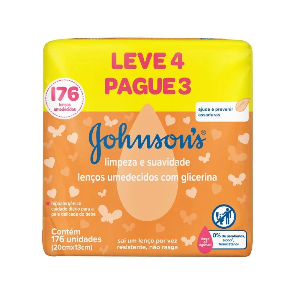 Kit Lenço Umedecido Johnsons Baby Limpeza E Suavidade Com 176 Unidades — foto do produto em fundo branco