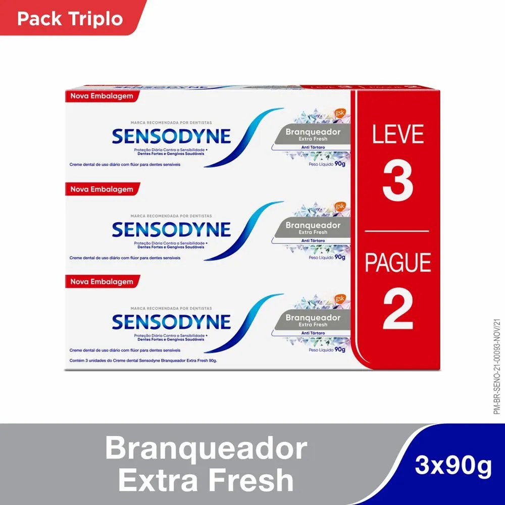 Kit Leve 3 Pague 2 Sensodyne Branqueador Extra Fresh Pasta De Dente Para Dentes Sensíveis 90g — foto do produto em fundo branco