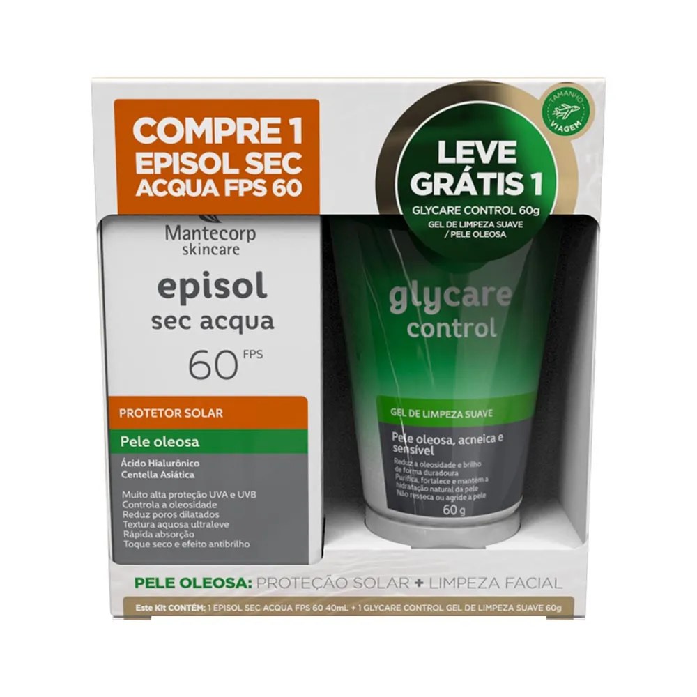 Kit Mantecorp Protetor Solar Episol Sec Acqua Fps60 Pele Oleosa 40ml + Gel De Limpeza Glycare Control 60g — foto do produto em fundo branco