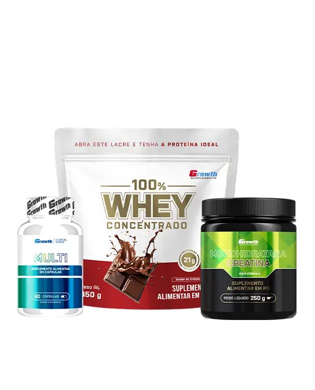 Kit Performance Diária - 100% Whey Protein Concentrado(450g) + Creatina Monohidratada (250g) + Multivitamínico (60caps) — foto do produto em fundo branco