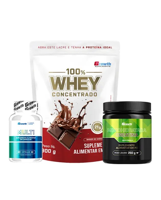 Kit Performance Diária - 100% Whey Protein Concentrado (900g) + Creatina Monohidratada (250g) + Multivitamínico (60caps) — foto do produto em fundo branco