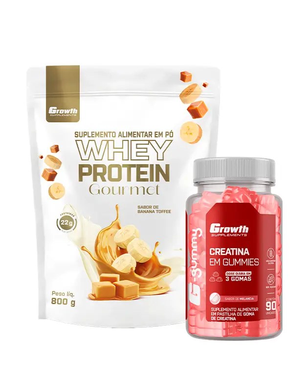 Kit Whey Gourmet Banana Toffee 800g + Creatina G-Gummy — foto do produto em fundo branco