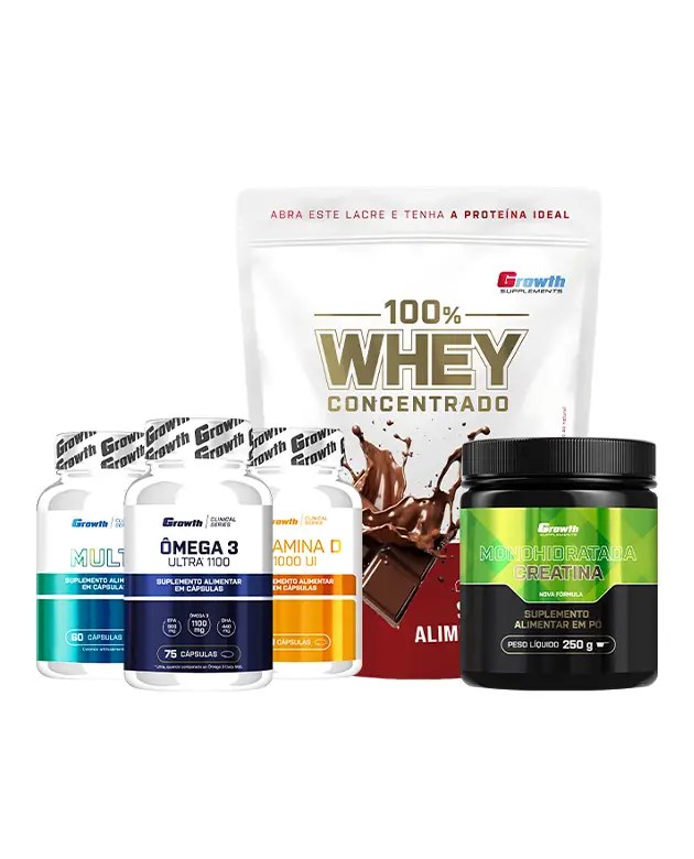 Kit Rotina Completa - 100% Whey Protein Concentrado (900g) + Creatina Monohidratada (250g) + Multivitamínico (60caps) + Ômega 3 + Vitamina D — foto do produto em fundo branco