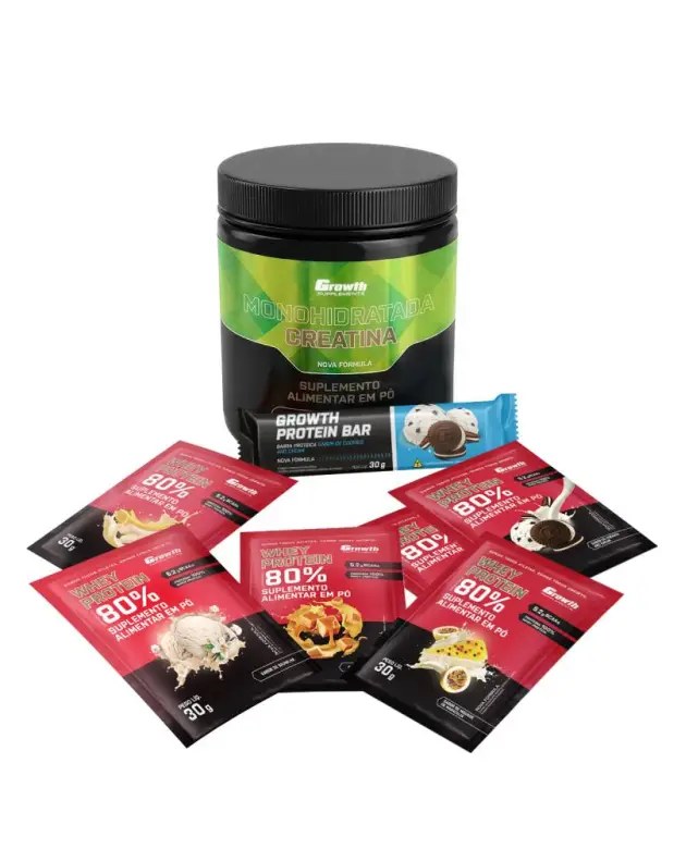 Kit Barra de Proteína + Creatina + Whey - Sabores Variados — foto do produto em fundo branco
