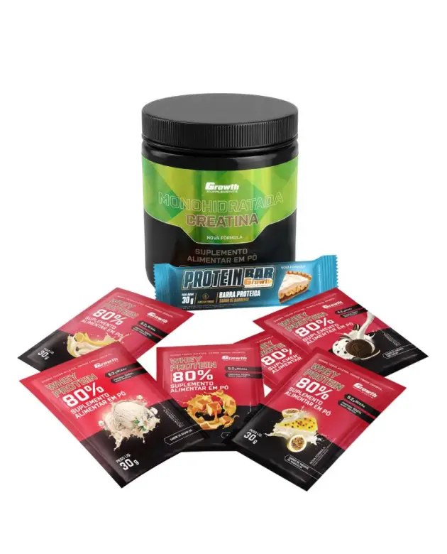 Kit Protein Bar + Creatina + Whey - Sabores Variados — foto do produto em fundo branco