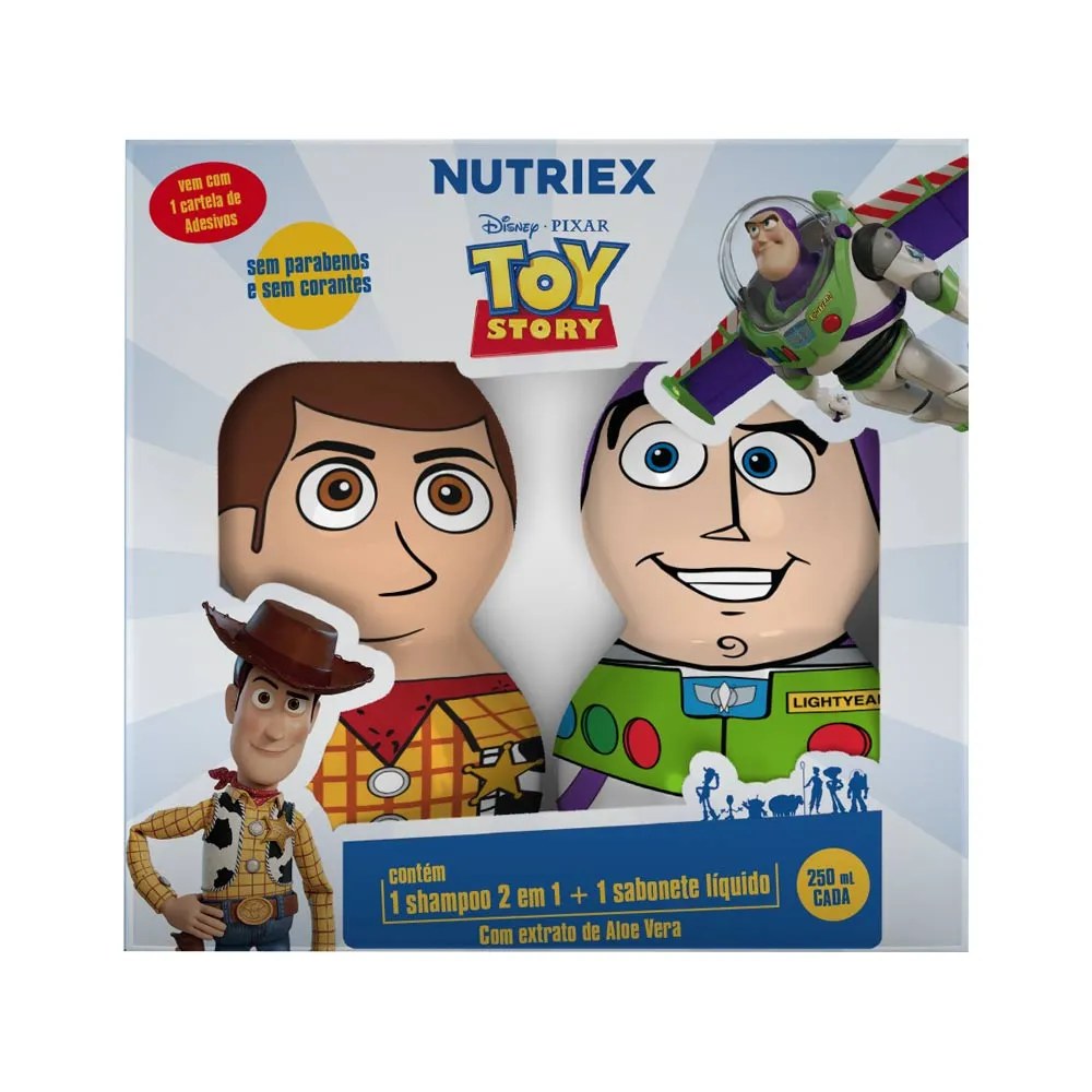 Kit Shampoo 2 Em 1 250ml + Sabonete Liquido 250ml + 1 Cartela De Adesivos Toy Story Nutriex — foto do produto em fundo branco