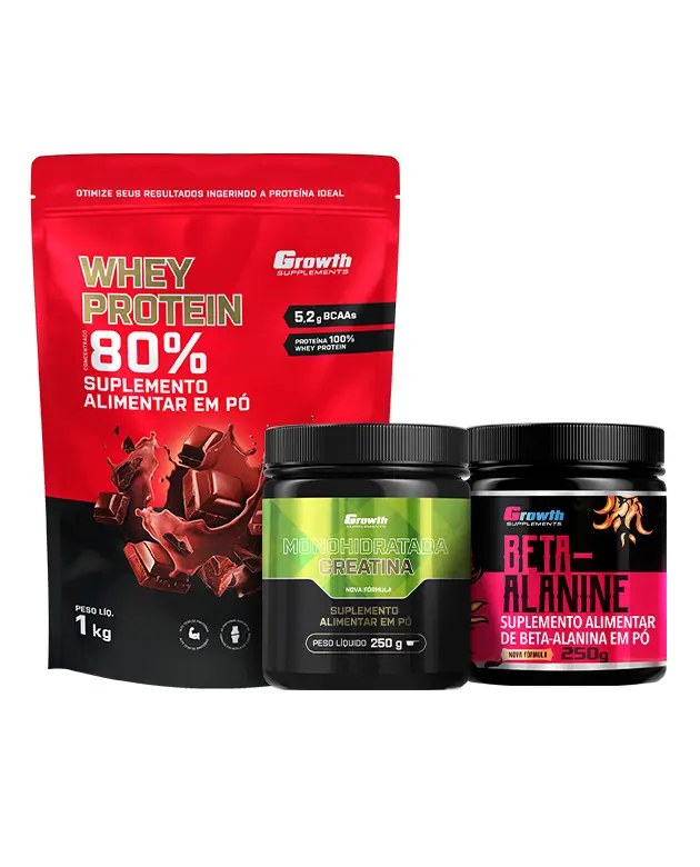 Kit Whey Protein Concentrado 1kg, Creatina Monohidrata 250g, Beta Alanina 250g — foto do produto em fundo branco