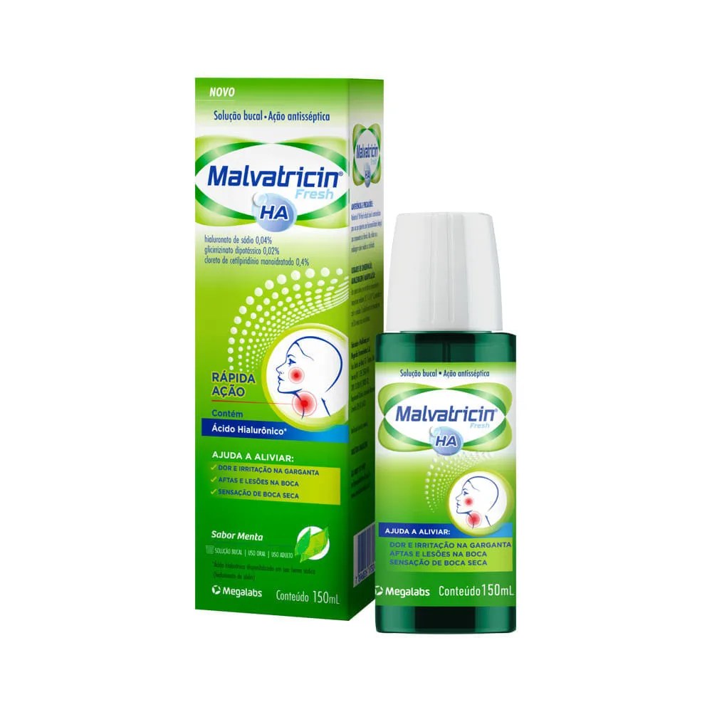 Malvatricin Fresh Ha 0,04 + 0,2 + 0,4% Solucao Bucal Menta 150ml Megalabs — foto do produto em fundo branco
