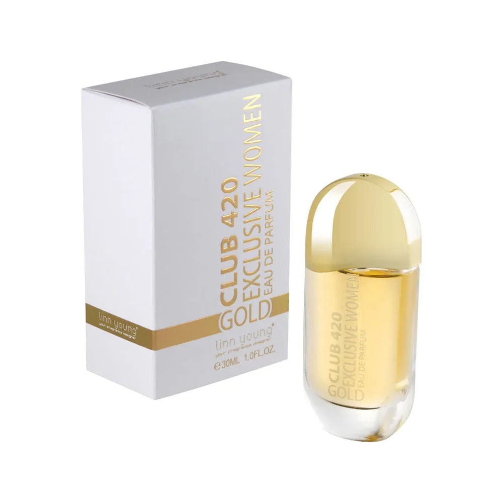 Perfume Feminino Linn Young Club 420 Exclusive Woman Gold Eau De Parfum 30ml — foto do produto em fundo branco