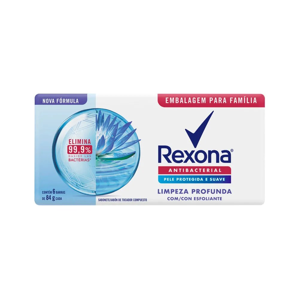 Sabonete Em Barra Rexona Antibacteriano Limpeza Profunda Com 6 Unidades De 84gr Cada — foto do produto em fundo branco