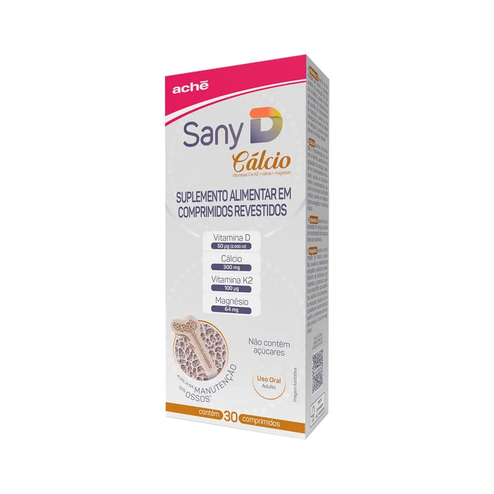 Suplemento Alimentar Sany D Vitamina D 2.000ui + Cálcio 300mg 30 Comprimidos — foto do produto em fundo branco