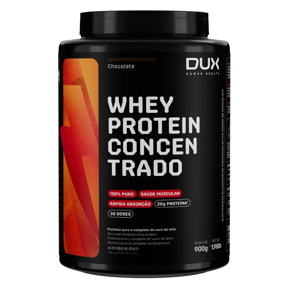 Suplemento Dux Whey Protein Concentrado 900gr Chocolate — foto do produto em fundo branco