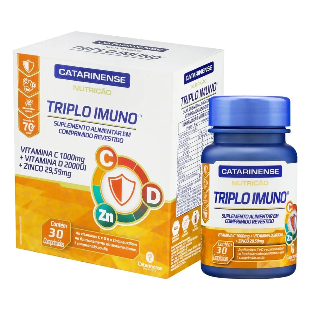 Triplo Imuno (vitamina C, Vitamina D E Zinco) 30 Comprimidos Catarinense Nutrição — foto do produto em fundo branco