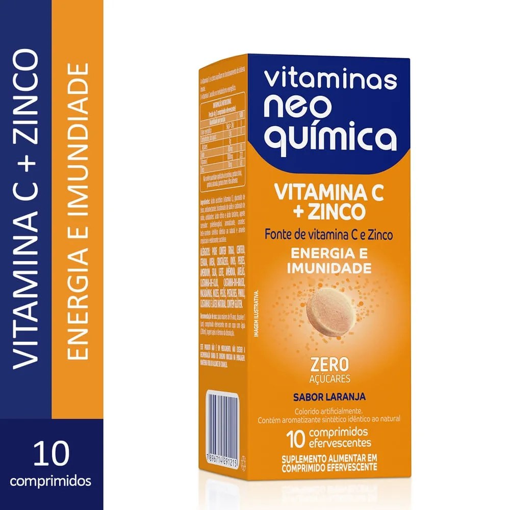 Vitamina C+zinco Neo Quimica Com 10 Comprimidos Efervescentes Laranja — foto do produto em fundo branco